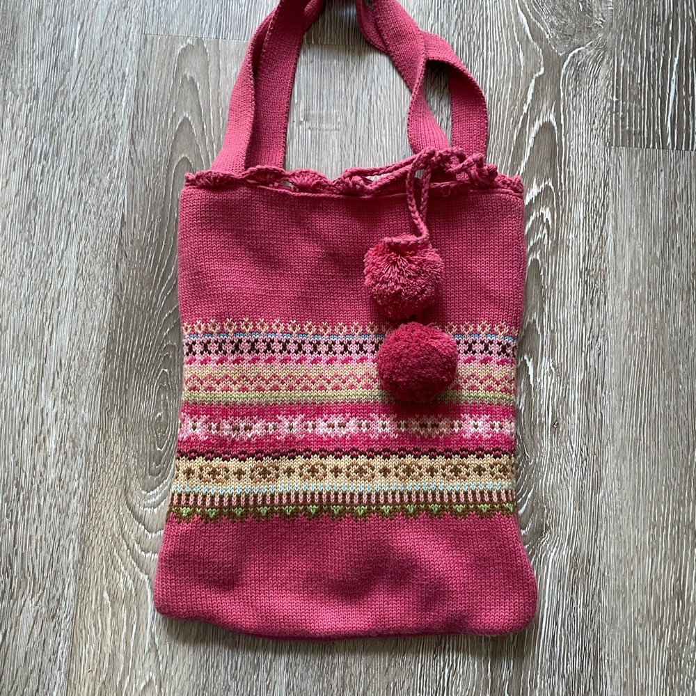 GAP Pink Knit Tote with Pom-Poms